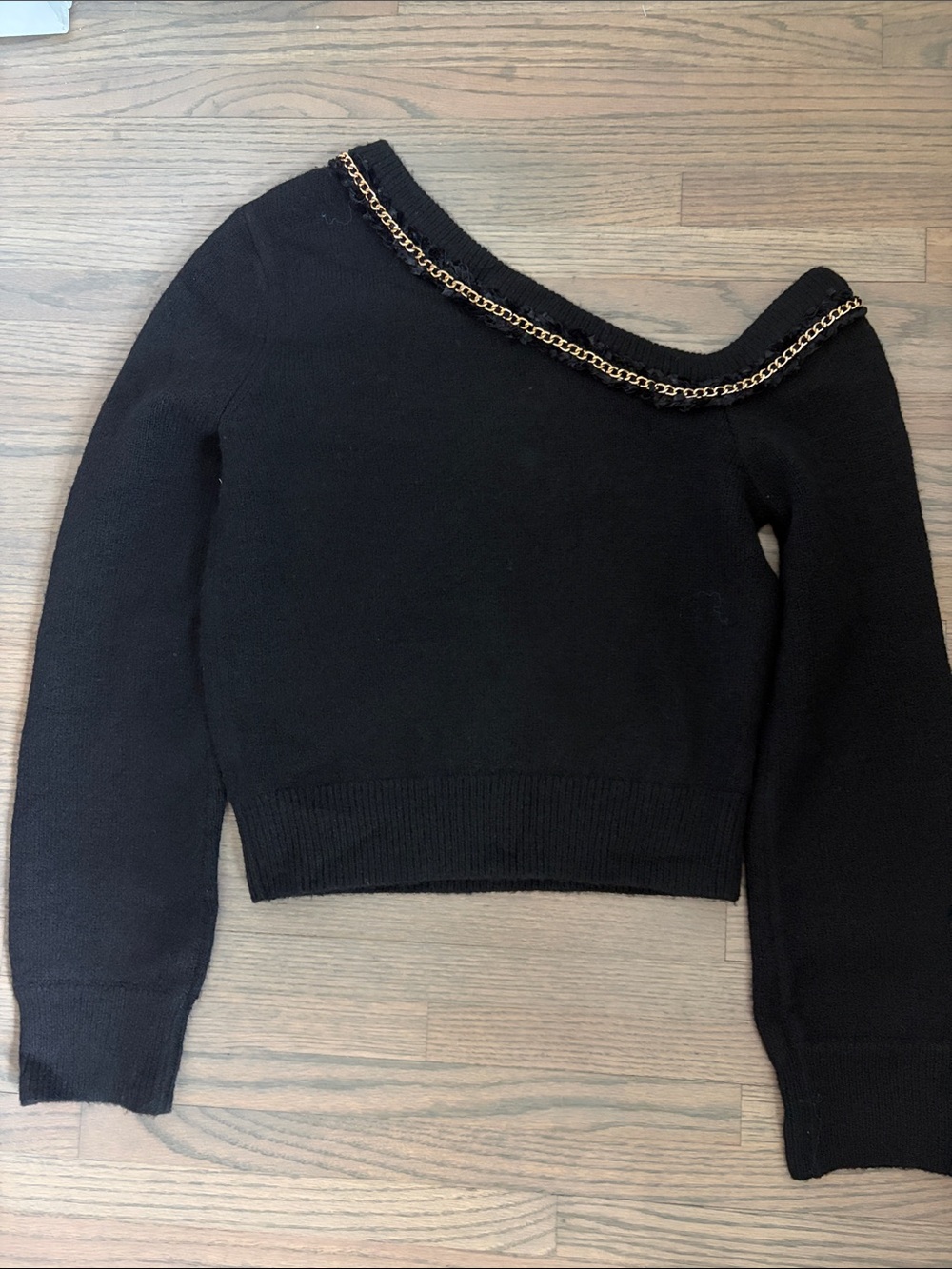 Endless Rose Black Off-the-Shoulder Sweater with Gold Chain Trim